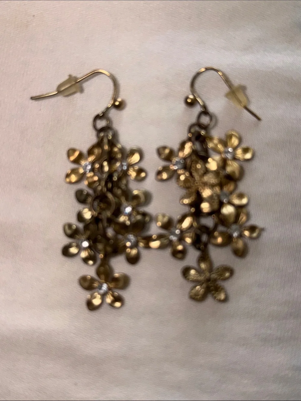 Gold Floral Dangle Earrings with Crystal Centers